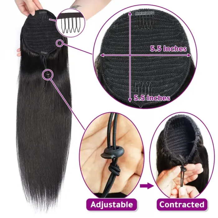 Cola de cabello humano lacio, extensiones de cabello humano con Clip de 10 "-26", Color humano Natural - Imagen 2