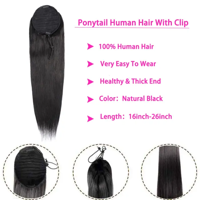 Cola de cabello humano lacio, extensiones de cabello humano con Clip de 10 "-26", Color humano Natural - Imagen 3
