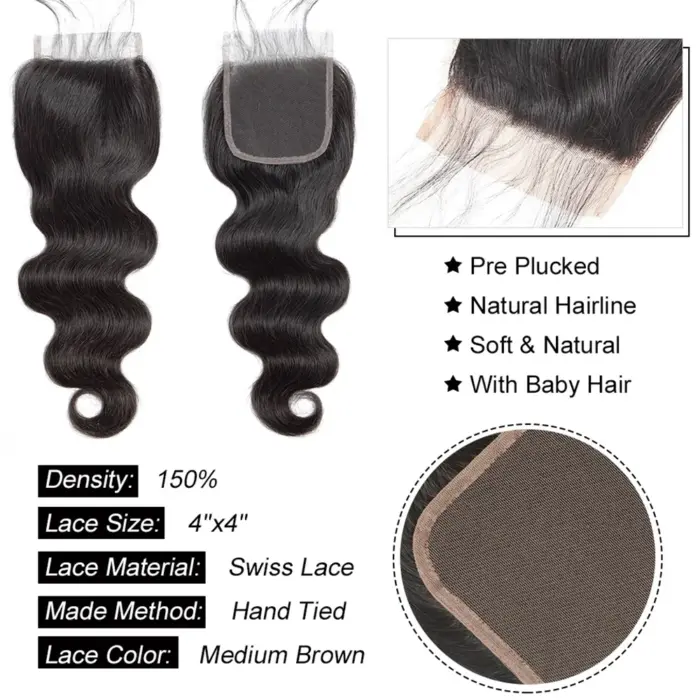 Extensiones de cabello humano ondulado con cierre Frontal,  brasileño con cierre de encaje, 4x4, 5x5 - Imagen 3