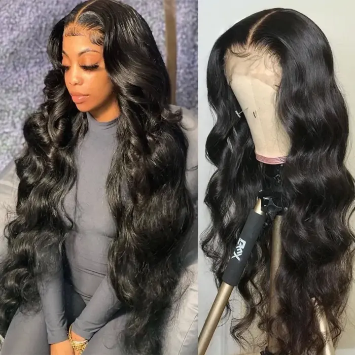Peluca con Frontal de encaje transparente, cabello humano ondulado, prearrancado, 360, cierre 4x4, 13x6