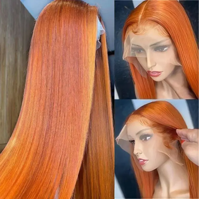 Peluca de cabello humano 100% lacio de 13x4, postizo de encaje Frontal transparente, color naranja jengibre brasileño.