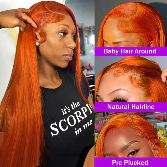 Peluca de cabello humano 100% lacio de 13x4, postizo de encaje Frontal transparente, color naranja jengibre brasileño. - Imagen 3