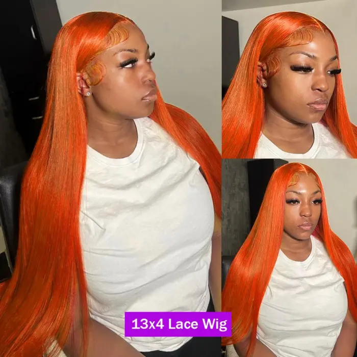 Peluca de cabello humano 100% lacio de 13x4, postizo de encaje Frontal transparente, color naranja jengibre brasileño. - Imagen 2