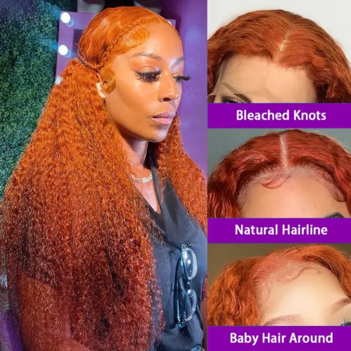 Peluca de cabello humano rizado, de onda profunda, suelto, sin pegamento, color Naranja jengibre, listo para usar, 5x5 - Imagen 2