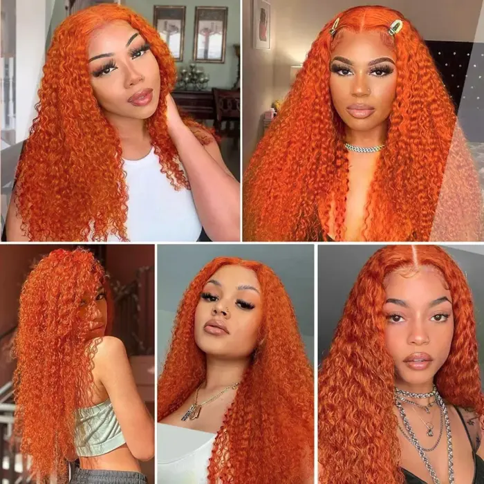 Peluca de cabello humano rizado, de onda profunda, suelto, sin pegamento, color Naranja jengibre, listo para usar, 5x5 - Imagen 4