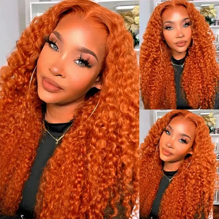 Peluca de cabello humano rizado, de onda profunda, suelto, sin pegamento, color Naranja jengibre, listo para usar, 5x5