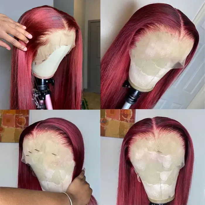 Peluca de cabello humano liso peruano para mujer, postizo de encaje frontal, color borgoña, prearrancado, 13x4 - Imagen 11