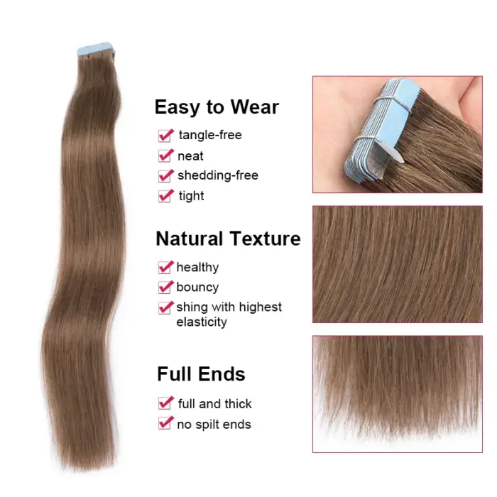 Extensiones de cabello 100% humano Remy, cinta recta en 20 piezas - Imagen 9