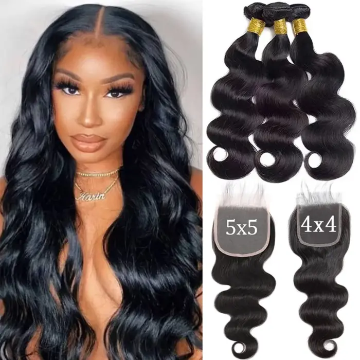 Extensiones de cabello humano ondulado con cierre Frontal,  brasileño con cierre de encaje, 4x4, 5x5