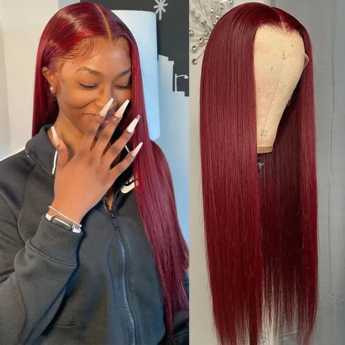 Peluca de cabello humano liso peruano para mujer, postizo de encaje frontal, color borgoña, prearrancado, 13x4 - Imagen 9