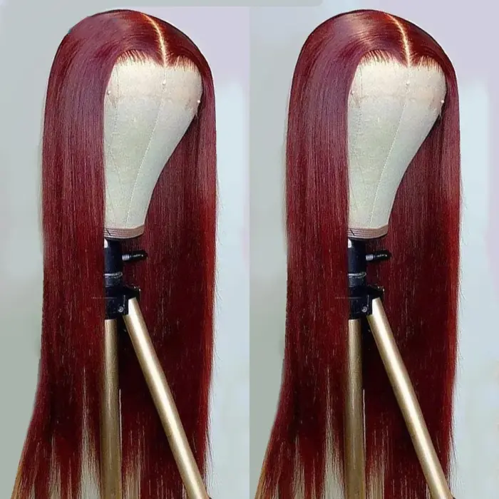 Peluca de cabello humano liso peruano para mujer, postizo de encaje frontal, color borgoña, prearrancado, 13x4 - Imagen 10