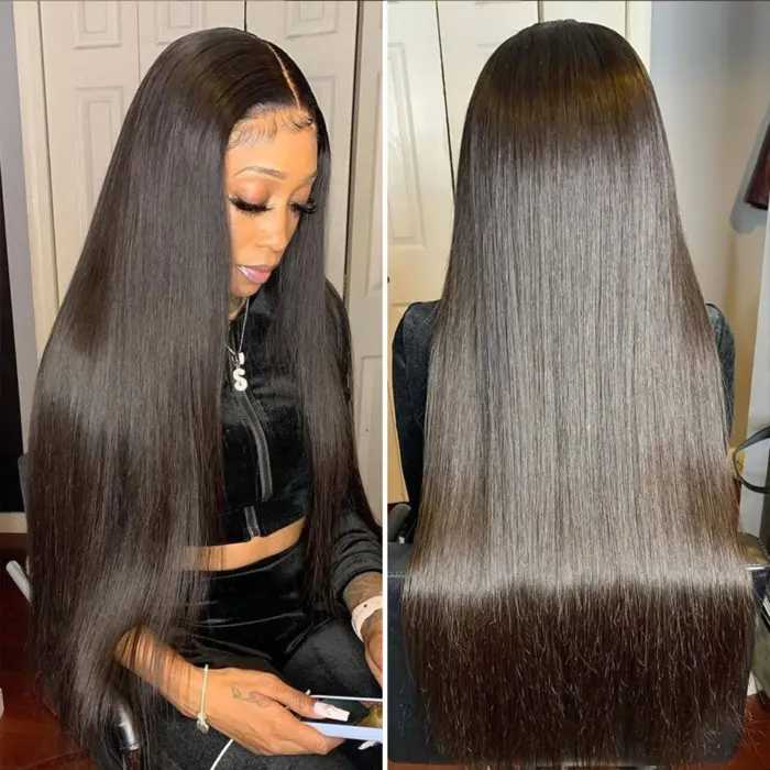 Peluca de cabello humano liso para mujer, postizo de encaje Frontal 13x4, brasileño - Imagen 9