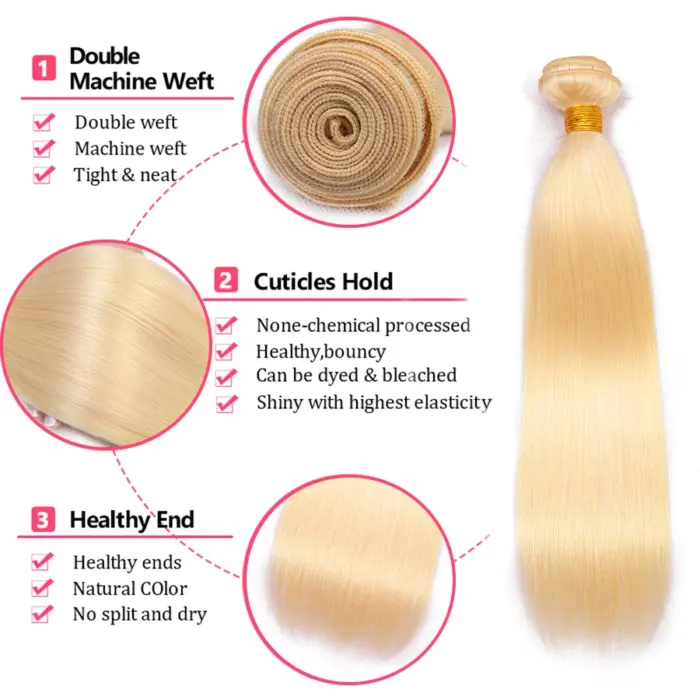 Extensiones de cabello 100% humano  lacio, Remy 613 rubio miel brasileño - Imagen 4