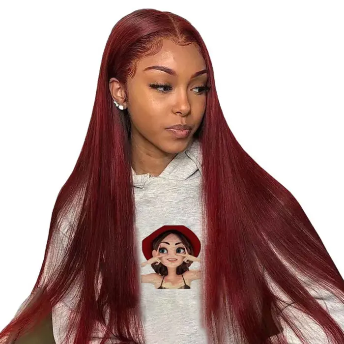 Peluca de cabello humano liso peruano para mujer, postizo de encaje frontal, color borgoña, prearrancado, 13x4 - Imagen 7
