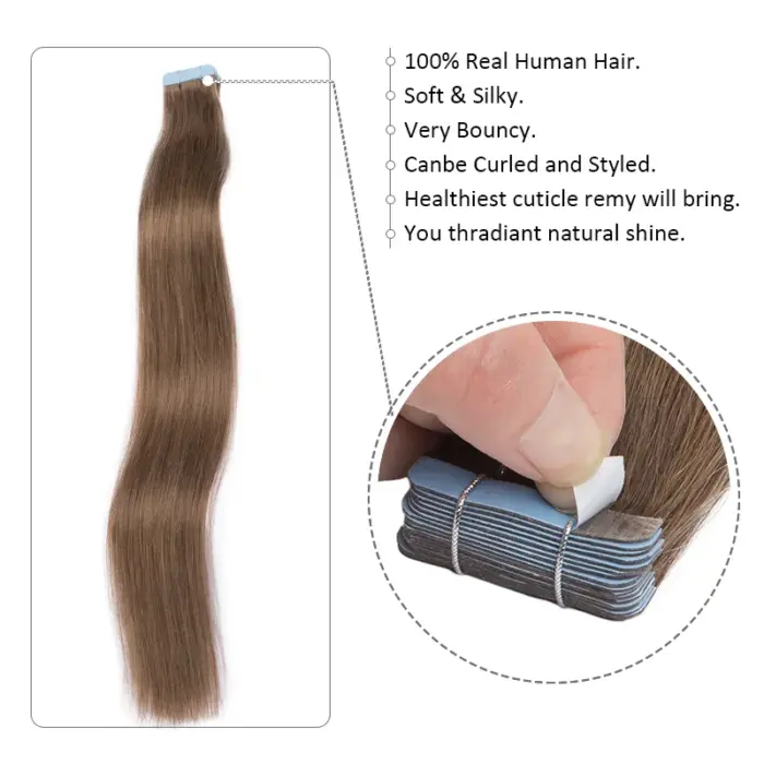 Extensiones de cabello 100% humano Remy, cinta recta en 20 piezas - Imagen 8